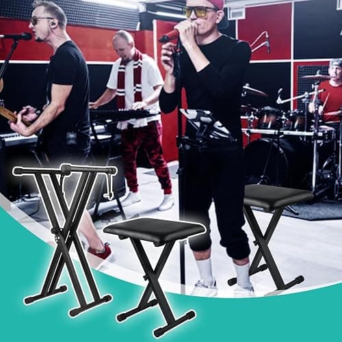 Bazayona Keyboard Stand Piano Bench Set, Double X Adjustable Keyboard Stand Piano Stand with Lockable Straps, (Piano Keyboard Stand x 1, Piano Bench x 1), (7 Adjustable Heights), Black thumbnail 2