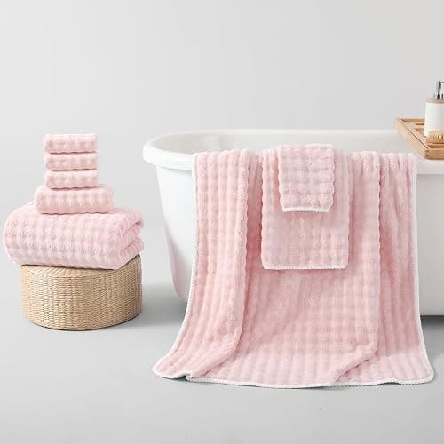REDKISS Soft Bath Towel Sets 8-Piece, Microfiber Quick Dry & Absorbent, 35x70 in Large Bath Sheet 14x30 in Hand Towel, 12x12 in Washcloth, Pink Bathroom Towel Set thumbnail 2