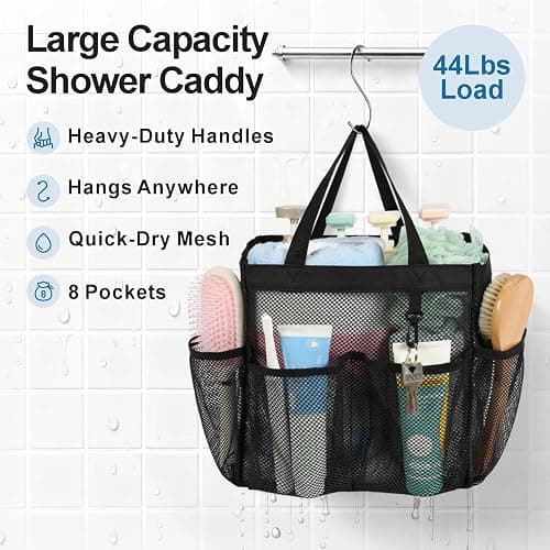 F-color Mesh Shower Caddy Portable, Upgrade Deeper 7 Pockets Shower Bag Basket Tote for College Dorm Room Toiletry Bathroom Essentials Gym Camp Quick Dry 2 handles with S Hook, Black thumbnail 3