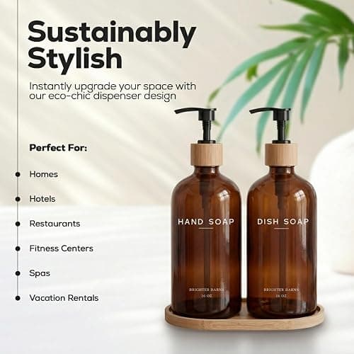 Amber Glass Hand and Dish Soap Dispenser Set by Brighter Barns - Kitchen Soap Dispenser Set with Tray - Bamboo Pump Bottles for Kitchen Sink - Modern Home Decor, Neutral Decor for Airbnb, Gift (Amber) thumbnail 3