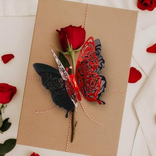 Rchovsam 3D Butterfly Wall Decor Party Rose Butterfly Sticker Decoration 3.85x4.6 inche Red Black Double Deck Removable Sticker for Birthday Holiday Party Decoration-6pcs thumbnail 4