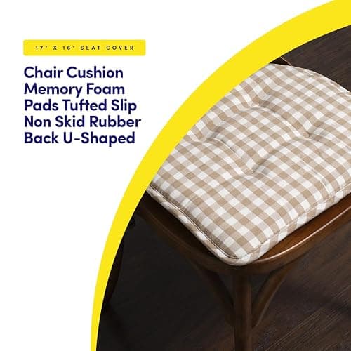 Sweet Home Collection Chair Cushion Memory Foam Pads Tufted Slip Non Skid Rubber Back U-Shaped 17" x 16" Seat Cover, 6 Pack, Checkered Taupe/White thumbnail 3