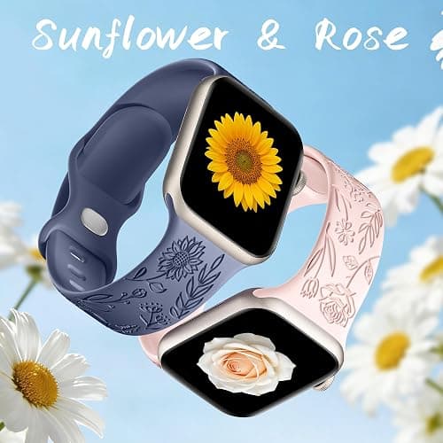 SNBLK 6 Pack Floral Engraved Bands Compatible with Apple Watch Bands 40mm 41mm 42mm 38mm 44mm 45mm 46mm 49mm Women Men, Silicone Flower Pattern Strap for iWatch Series 11 10 Se Ultra 9 8 7 6 5 4 3 2 1 thumbnail 4