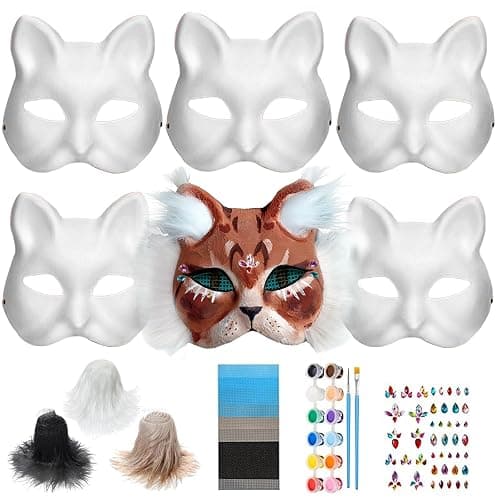6PCS Cat Mask with Eye Mesh Fur Beard and Gem Stickers,Cat Mask DIY Set, Costume for Masquerade,Halloween,Cosplay Parties - Image 1