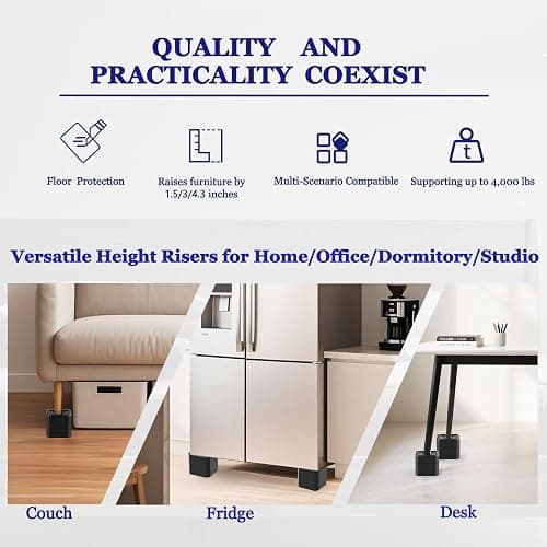 Bed Risers Heavy Duty, Adjustable Furniture Riser Blocks Lift 1.5, 3, 4.3 inches for Couch Table Desk Sofa Chair Legs, Refrigerator, Washing Machine - Support up to 4000 lbs (Black 4 Pack, 4.3 inch) thumbnail 4