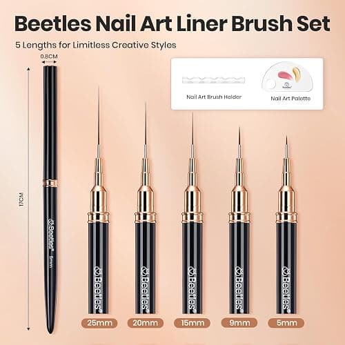 Beetles Liner Brushes for Nails 5pcs, Metallic Nail Art Brushes Black | Nail Liner Brushes Sizes 5/9/15/20/25mm with Palette Holder, Nail Art Pens with Cap, Painting Lines Details Nails Art Tools thumbnail 2