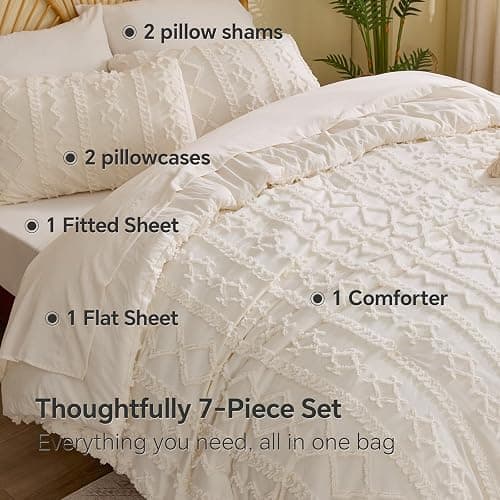 BEDELITE Queen Comforter Set 7 Pieces Cream White - Tufted Boho Bed in a Bag,Farmhouse-Style Embroidery Bedding for All Seasons,Soft Comforter with Sheets, Pillowcases & Shams thumbnail 6