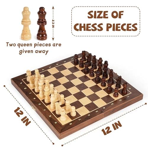Magnetic Travel Chess Set 12-inch Wooden Magnetic Chess Board 2 Extra Queen Folding Chessboard for Storage Toys & Games for Adults Vintage Chess Game – Family Board Games Educational Toy Sets thumbnail 2