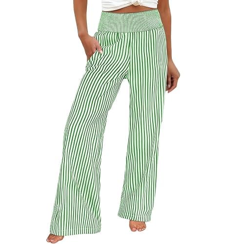 bawilom Women's Wide Leg Beach Pants Elastic Waist Striped Lightweight Casual Flowy Palazzo Lounge Trousers with Pockets - Image 1