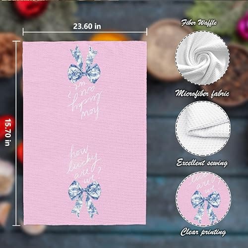 Nipil Chinoiserie Coquette Bow Floral Pink Kitchen Towels Decorative Set of 2, Trendy Preppy Blue and White Bow Floral Pink Kitchen Towels for Bathroom, Preppy Coquette Bathroom Decor, 16x24 Inch thumbnail 3