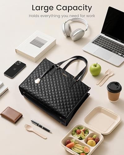 LOVEVOOK Lunch Tote Bag for Women, 15.6 Inch Laptop Bag with Insulated Lunch Compartment, Quilted Large Capacity Computer Handbag with Purse for Business, Work, Nurse, Office, Collage, Casual, Black thumbnail 9