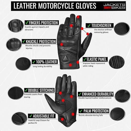 Jackets 4 Bikes Motorcycle Gloves - Premium Leather for Men Women, Touchscreen, Non-Slip, Motorbike Cruiser Street Biker Protector Glove thumbnail 6