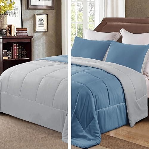 Exclusivo Mezcla Lightweight Reversible Twin Size Comforter Set, Down Alternative Comforter with 1 Pillow Sham, Twin Size Bedding Set for All Seasons, Bluish Grey - Image 1