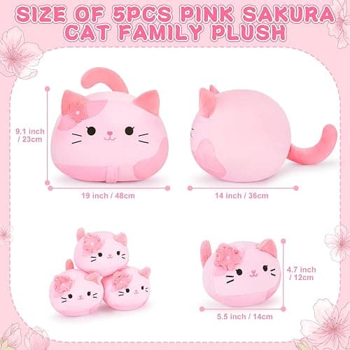 5 PCS Pink Sakura Cat Plush Stuffed Animal Family-19" Soft Pink Sakura Cat Plush, Large Mommy Plushies with 4 Baby Kittens Plushies, Kawaii Plush Toy Christmas Birthday Gifts for Kids Boys Girls thumbnail 2