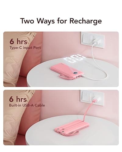 VRURC Portable Phone Charger, Built-in 4 Cables USB C Power Bank 10000mAh | Slim Power Bank for Travel,5 Output 2 Inpput Charging Bank,Multi Devices Battery Pack for iPhone,Android-Barbie Pink(1 Pack) thumbnail 7