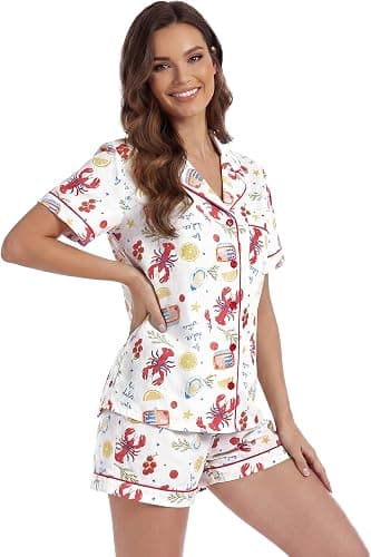 LUBOT 100% Cotton Pajamas for Women 2 Piece PJ Set Button-Down Soft Knit Short Sleeve Summer Sleepwear Loungewear XS-XXL thumbnail 4