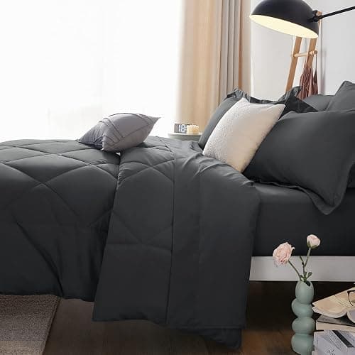 CozyLux Full Size Comforter Sets Dark Grey - 7 Pieces Bed in a Bag Full, Luxury Soft Bed Set for All Seasons, Bedding Set with Down Alternative Comforter, Sheets, Pillowcases & Shams - Dark Grey - Full thumbnail 4
