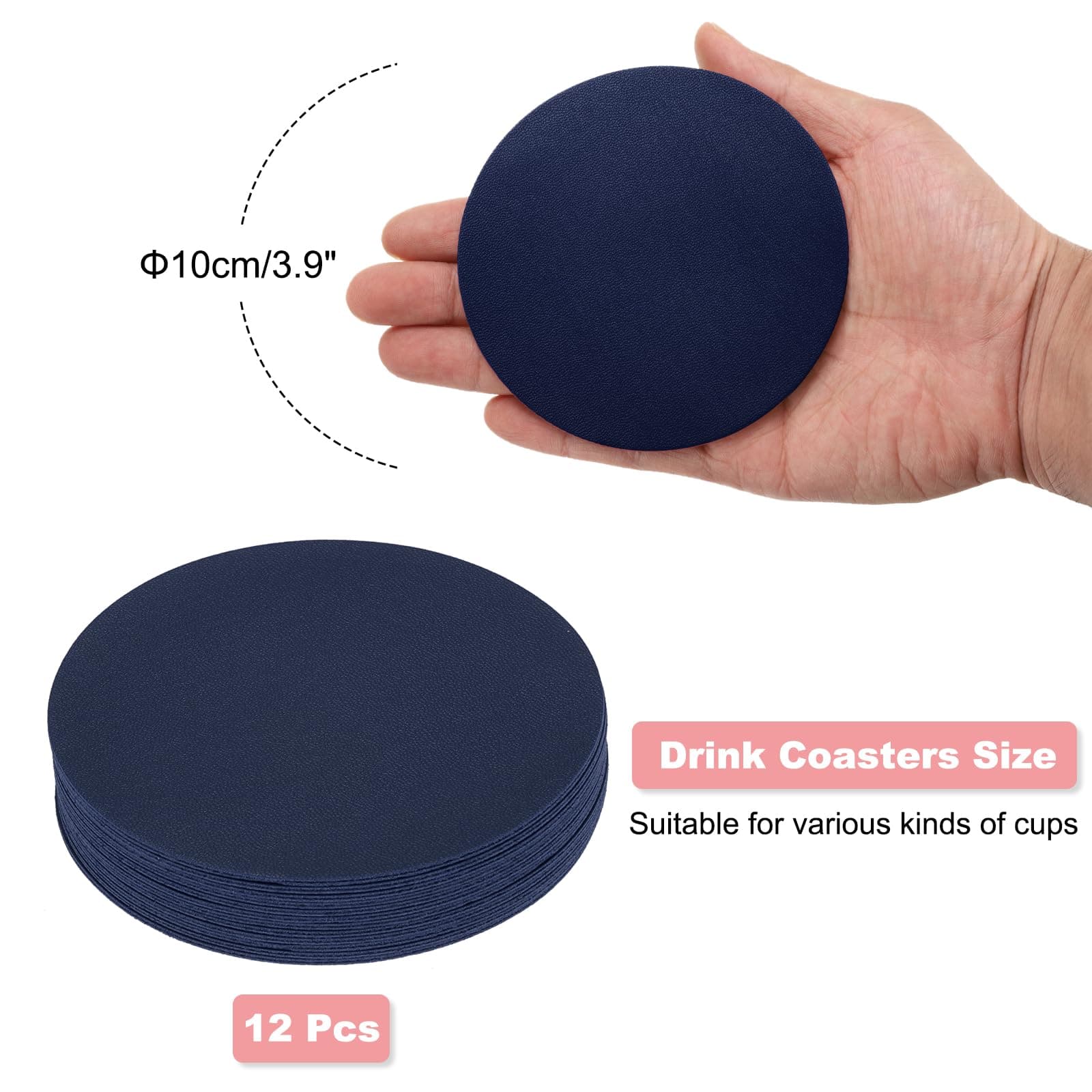 uxcell Round Drink Coasters Set of 12 Dual Sided Non-Slip Non-Stick Waterproof Leather Coasters for Drinks, Coffee Table, Housewarming Gifts, Home Decor 4"×4"Navy Blue thumbnail 2