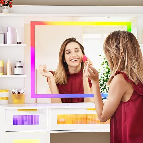 ANWBROAD Large Vanity Desk with Mirror and Lights White Makeup Desk Set with Power Outlet and Remote RGB Vanity with 3 Drawers 2 Cabinets and Stool Vanity Table for Girls Women Bedroom UBDT85W thumbnail 7