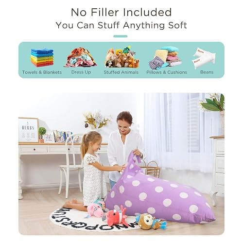 Aubliss Stuffed Animal Storage Bean Bag Chairs Cover, 50"x 35" Extra Large Bean Bags Chair for Kids & Adults, Beanbag Toy Storage for Boys Girls - Premium Cotton Canvas Purple Dot thumbnail 3