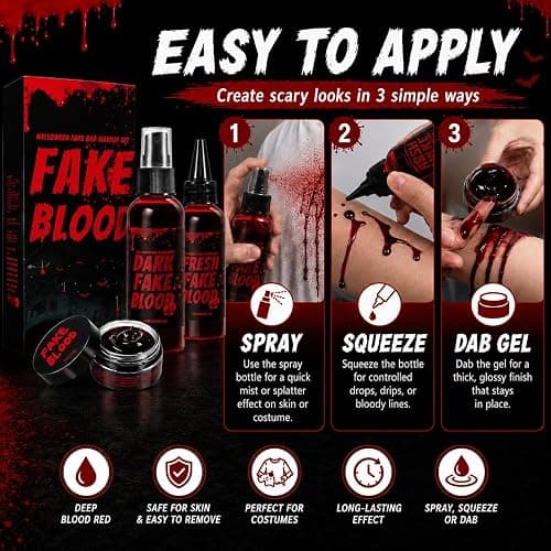 Halloween Fake Blood Kit, 3PCS Realistic Washable Blood Makeup with Spray, Dripping Blood & Coagulated Gel Blood for Zombie Vampire Monster Cosplay, Costume Party & SFX Makeup (3PCS) thumbnail 5