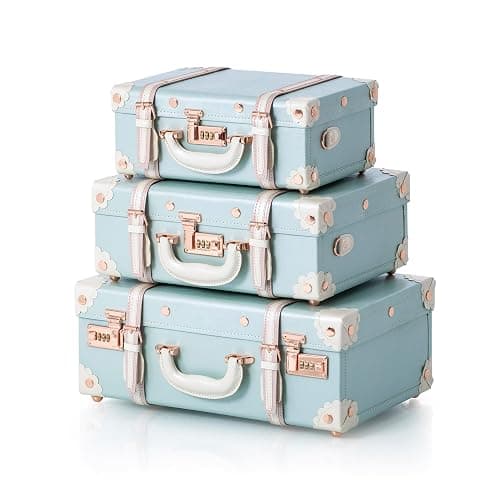 COTRUNKAGE 18" Carry On Suitcase Cute Pu Overnight Vintage Trunk Luggage Bag for Women with Combination Locks, Sky Blue thumbnail 5