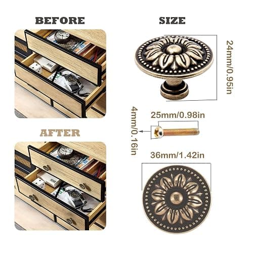 Mgoodoo 5 Pièces Dia-36mm Bouton de Meuble, Antique Bronze Poignée Ronde de Porte pour Tiroir Cuisine Armoire Cabinet, Motif Fleur Vintage thumbnail 2