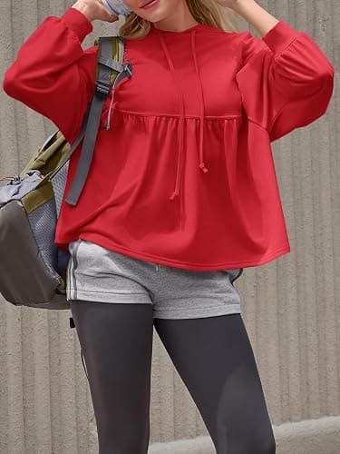 Fisoew Womens Oversized Hoodies Sweatshirts Casual Lantern Long Sleeve Drawstring Peplum Hem Loose Hooded Pullover Tops thumbnail 4
