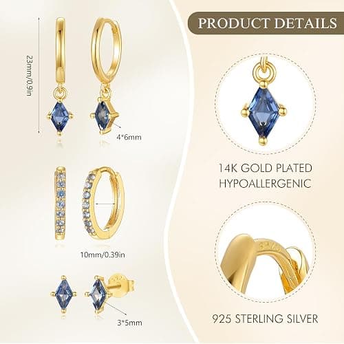 Angelady Gold Hoop Earrings Set for Women, Dainty 14K Gold Plated Huggies Earring, Sterling Silver Hypoallergenic Cartilage Earrings, Trendy Earring Stacks for Multiple Piercing Jewelry Gift(3 Pairs) - Gold,Blue CZ thumbnail 7