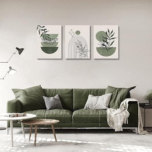 Sage Green Wall Posters & Prints, Green Boho Wall Art Set of 3, Minimalist Framed Wall Art Geometric Line Leaf Sun Moon Beige Green Canvas Artwork Paintings thumbnail 2