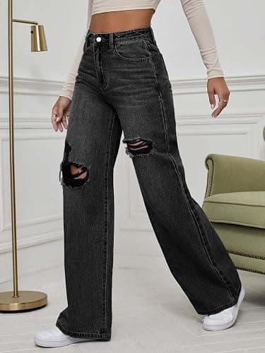 WDIRARA Women's High Waist Ripped Wide Leg Baggy Jeans Distressed Denim Pants thumbnail 5