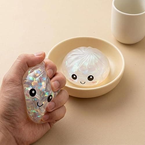 Glitter Dumpling Squishy, Soft Squeeze Stress Relief Fidget Ball with Mini Steamer Box, Colorful Stretchy Decompression Sensory Toy for Adults & Kids (Glitter White) thumbnail 2