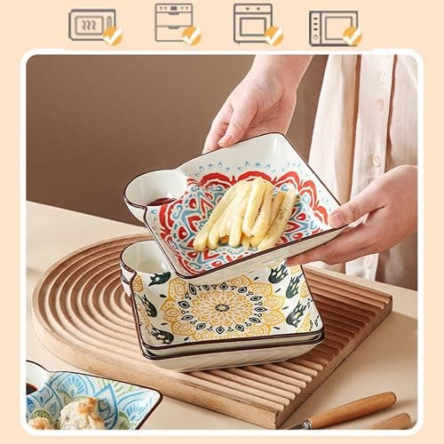 6 PCs Ceramic Sushi Platter, Square Dumpling Plate with Dipping Saucer | 7.17in Serving Plates Includes 5 Chopsticks, Chips and Dip Plate Ideal For Sushi, Dumplings, Chips & Dip thumbnail 6