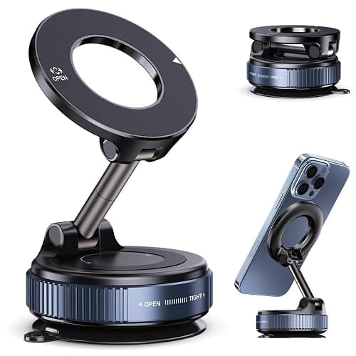 Jikasho Vacuum Magnetic Suction Phone Holder, Foldable and Retractable Hands-Free Suction Cup Phone Mount for Car/Gym/Mirror/Smooth Surface, Compatible with iPhone Android and All Smartphones (Black) - Image 1