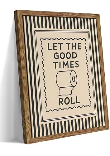 Framed Let The Good Times Roll Bathroom Print, Vintage Funny Toilet Quote Canvas Wall Art, Stripes Bathroom Picture Poster, Downstairs Toilet Painting Wall Decor 8x10 inch - Image 1
