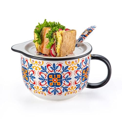 Chubacoo Soup Bowl with Lid & Spoon: Ceramic Large Microwavable Bowl with Plate Combo - Ideal for Ramen Cereal Oatmeal Noodles Sandwich Chip & Bread Dip Cracker - Big Handle, 32 oz, C-pattern thumbnail 6