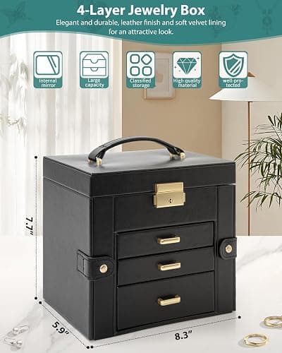 AKOZLIN 4-Tier Jewelry Box Leather Jewelry Storage Organizer with 3 Drawers Lockable for Women Girls Ring Necklace Earring Bracelet Holder with Mirror Black thumbnail 2