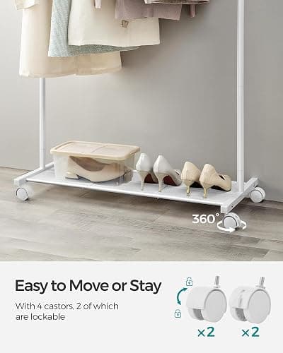 SONGMICS Clothes Rack with Wheels, 35.8 Inch Garment Rack, Clothing Rack for Hanging Clothes, with Dense Mesh Storage Shelf, 110 lb Load Capacity, 2 Brakes, Steel Frame, White UHSR025W01 thumbnail 7