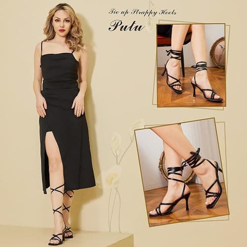 Putu Strappy Heels for Women Tie up Stiletto Heels Square Open Toe Sandals for Wedding,Party,Prom thumbnail 4