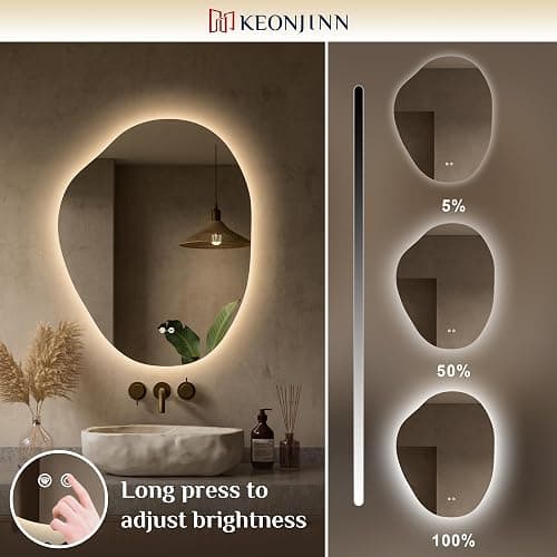 Keonjinn Irregular Backlit Mirror 24 x 30 Inch, Asymmetrical LED Bathroom Mirror with HD Tempered Glass, UL-Listed LED Driver, Stepless Dimmable with 3 Colors, Safe Defogging(Horizontal/Vertical) - 30"L x 24"W thumbnail 5