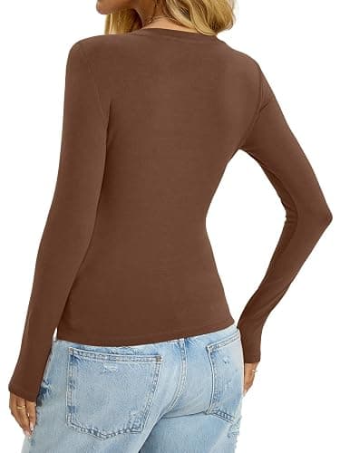 EasyGala Womens Cotton Long Sleeve Shirts V Neck Slim Fit Tops Basic Tees Going Out Outfits 2025 Fall Spring - Brown - Medium thumbnail 5