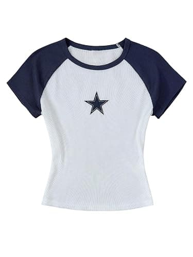 RoseSeek Girl's Star Patchwork Color Block Crop Tops Short Sleeve Crew Neck Ribbed T Shirts - Image 1
