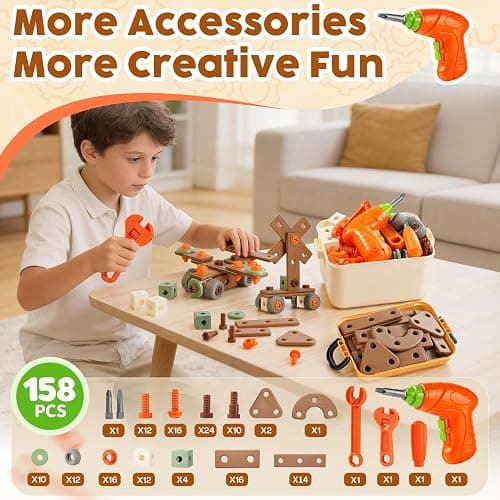 Pinshoon Kids Tool Set for 3-8, 158 PCS Construction Building Toys | Portable Tool Box & Electronic Toy Drill, STEM Building Playset, DIY Creative Shape, Non-Toxic ABS Plastic, Fine Motor Skills thumbnail 4