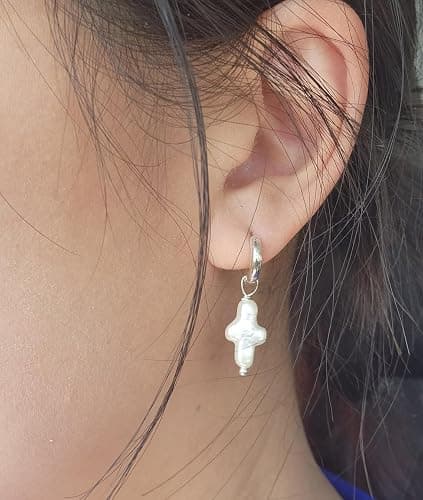 Iutymu Nature Freshwater Pearl Cross Earrings Elegant Christian Pearl Jewelry, Beachy Pearl Jewelry, Cross Pearl Earrings, Baroque Pearl Earrings thumbnail 3