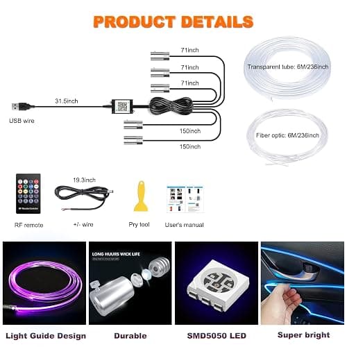 Jushope Interior Car LED Strip Lights with Wireless APP and Remote Control, RGB 5 in 1 Ambient Lighting Kits with 236 inches Fiber Optic, 16 Million Colors Car Neon Lights, Sync to Music thumbnail 5