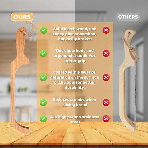 ROYOROYI Bread Slicer for Homemade Bread,16" Wooden Sourdough Bread knife with Bow Design,Premium Stainless Steel Serrated Saw Bread cutter for Bagels, Baguettes and More thumbnail 6