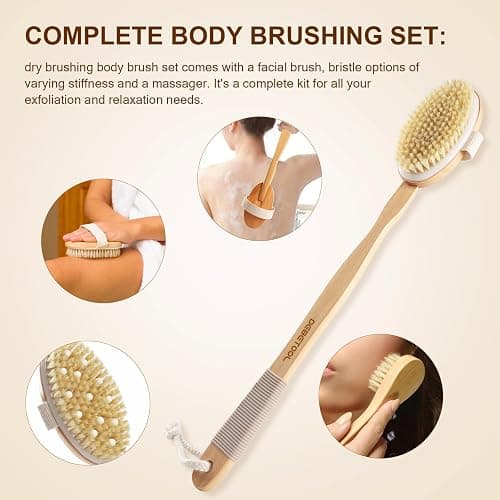 DEBETOOL Dry Brushing Set - Natural Boar Bristle Body & Face Brush, Wooden Long Handle Scrub Brush for Cellulite & Lymphatic Drainage Body Care, Detachable, 3 Brush Heads thumbnail 2