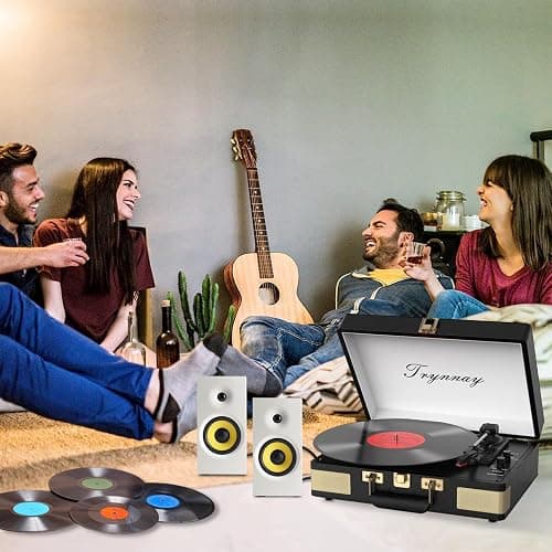 Trynnay Tourne-Disque Bluetooth à 3 Vitesses - Lecteur Portable en Vinyle avec Haut-parleurs intégrés - Tourne-Disque - Son Audio amélioré Noir Vintage thumbnail 6