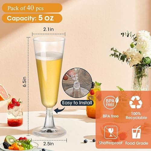 SUREHOME Plastic Champagne Flutes 40 Pack Disposable Champagne Glasses 5oz Clear Plastic Mimosa Glasses Wedding Cocktail Cups Bulk for New Years Eve Party Supplies 2025 Engagement Birthday Decorations thumbnail 3