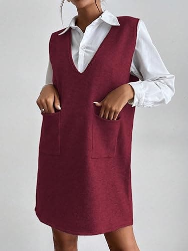 OYOANGLE Women's V Neck Sleeveless Knitted Solid Short Sweater Dress with Pockets thumbnail 5